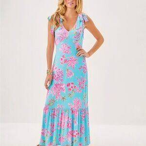 Lilly Pulitzer Aquinnah Aqua and Pink Floral Maxi Dress